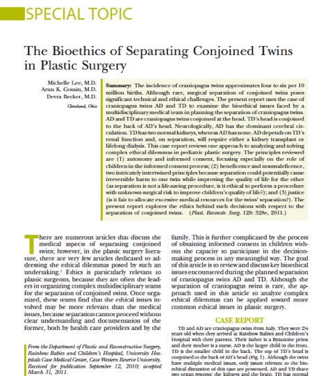 The Bioethics of Separating Conjoined Twins in Plastic Surgery