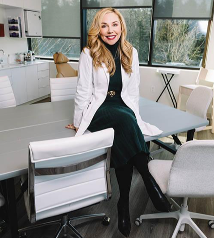 Blonde woman sitting on a desk